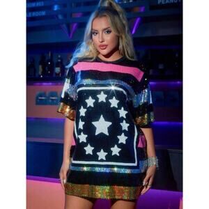 Sequin Star Tunic Dress Oversized Festival Party Disco Statement Top